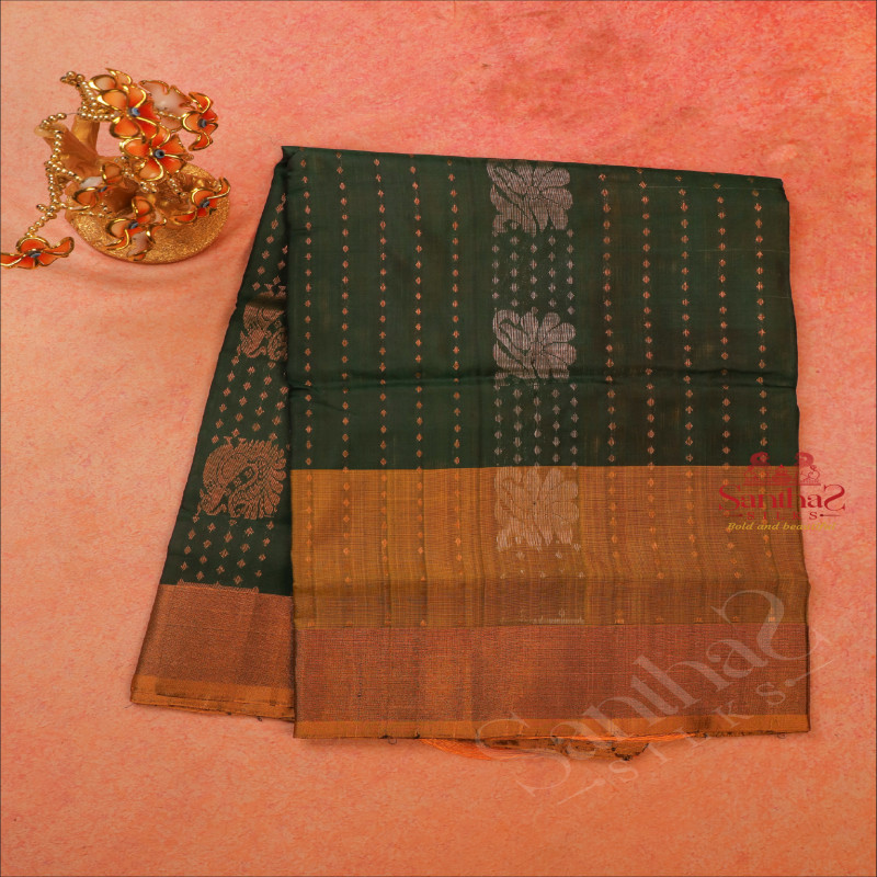 GREEN COLOUR BODY WITH GOLDEN ZARI BUTTA WITH CONTRAST BLOUSE & BORDER