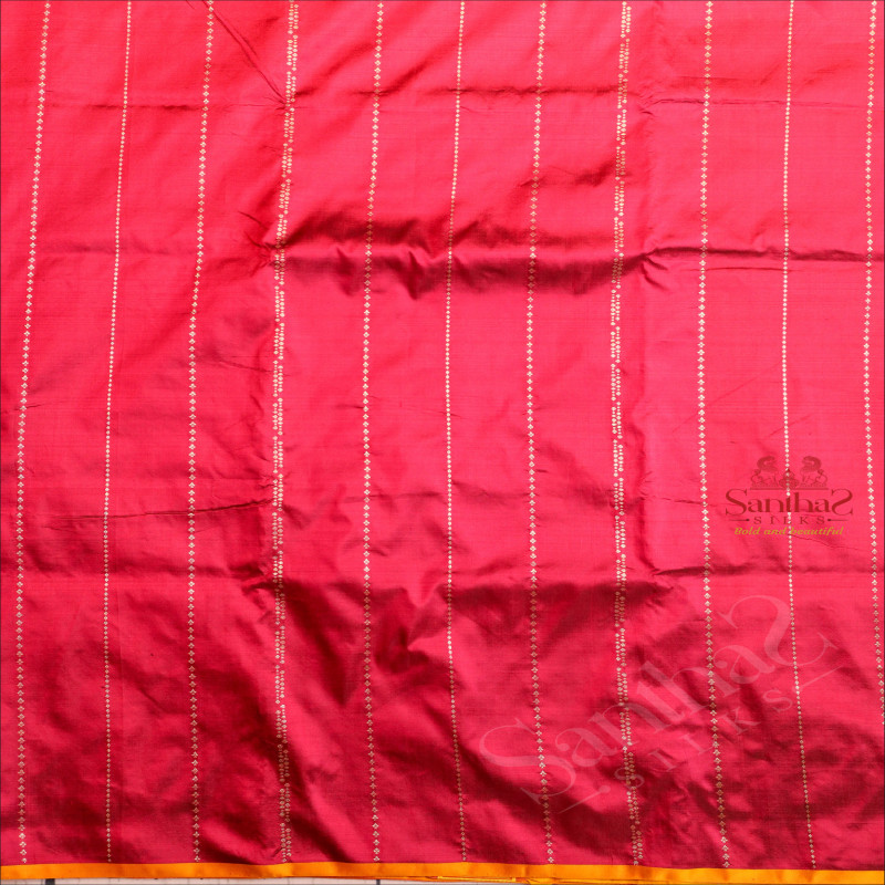 MAGENTA COLOUR BANARAS SAREE WITH ZARI STRIPS WITH CONTRAST BLOUSE & BORDER