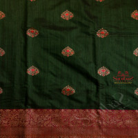 BOTTLE GREEN COLOUR RAW SILK SAREE WITH GOLDEN ZARI FLORAL BUTTA WITH CONTRAST BLOUSE & BORDER