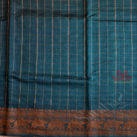 DARK TEAL BLUE COLOUR RAW SILK CHECKED SAREE WITH SELF BLOUSE & BORDER