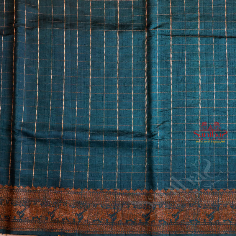 DARK TEAL BLUE COLOUR RAW SILK CHECKED SAREE WITH SELF BLOUSE & BORDER