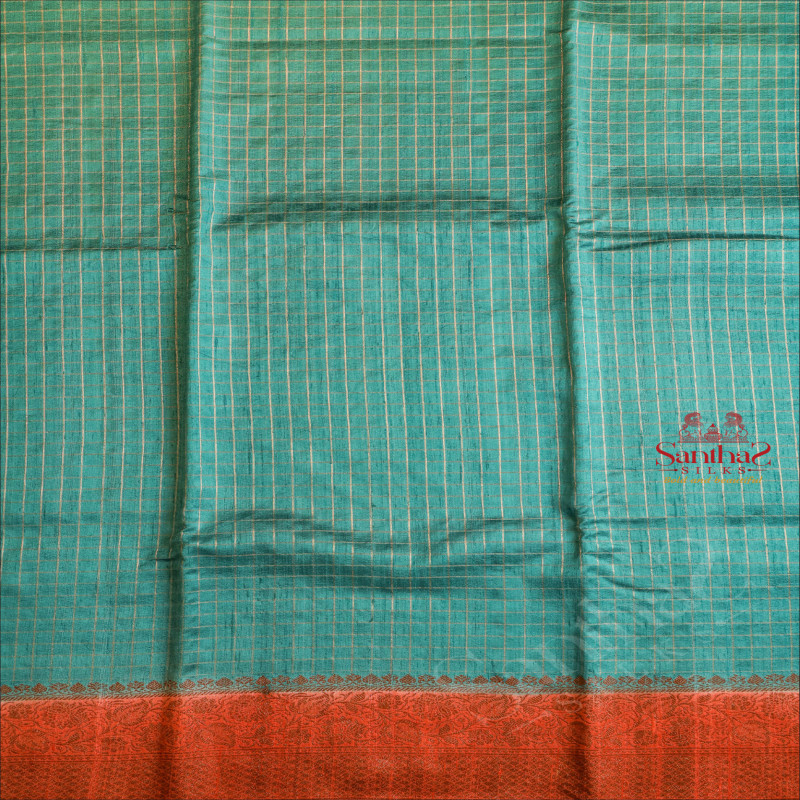 TEAL BLUE COLOUR RAW SILK SAREE BODY WITH GOLDEN CHECKED AND CONTRAST COLOUR PALLU & BLOUSE