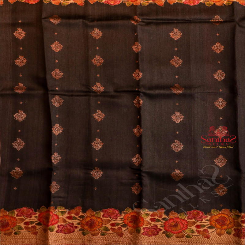 BLACK COLOUR RAW SILK SAREE WITH COPPER ZARI MOTIF WITH CONTRAST BLOUSE & BORDER