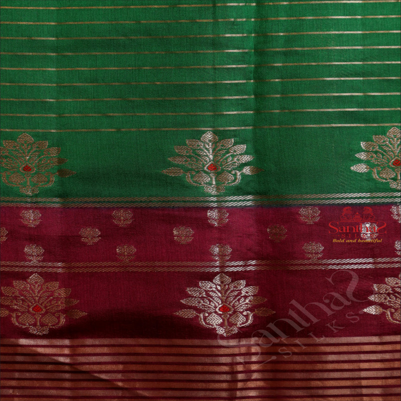 FOREST GREEN COLOUR CHINIYA SAREE WITH GOLDEN ZARI STRIPS & BUTTA AND CONTRAST COLOUR PALLU & BLOUSE