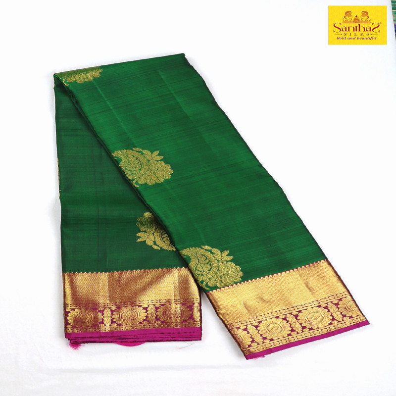 Bottle Green Pure Silk with Contrast Magenta Border
