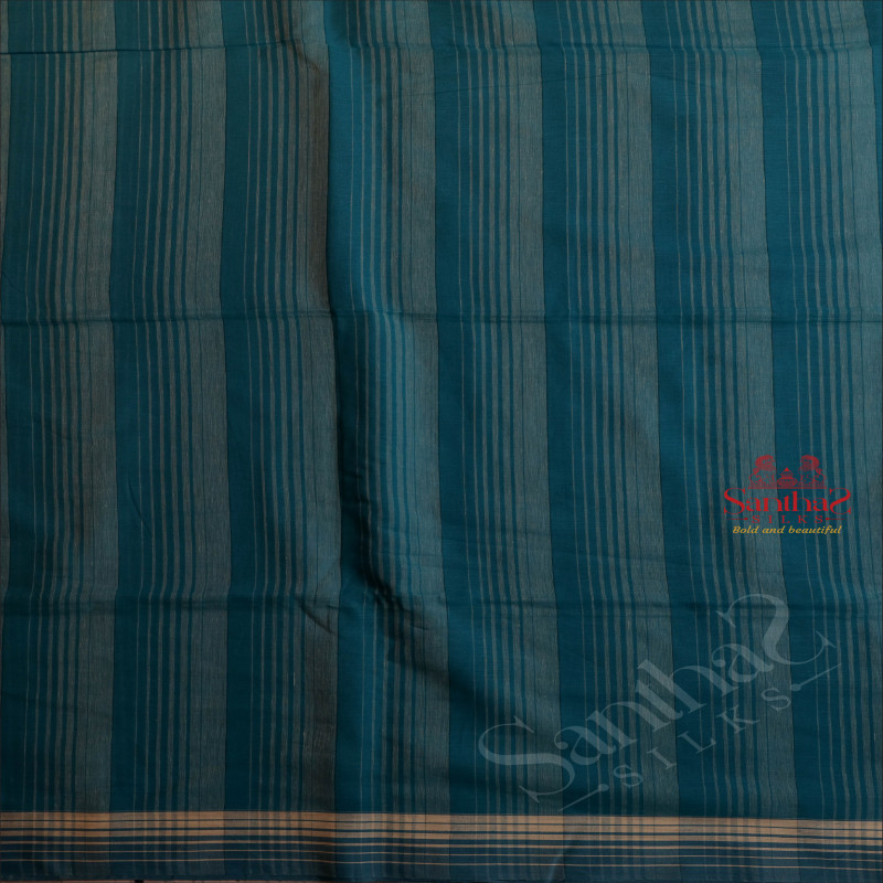 INTEL BLUE COLOUR COTTON SAREE BODY WITH STRIPS AND SELF COLOUR PALLU WITH WHITE THREAD BUTTAS & BLOUSE