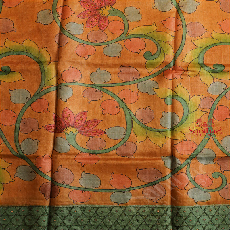 GREEN COLOUR TUSSAR SAREE WITH CUT WORK AND KALAMKARI PRINT WITH CONTRAST BLOUSE