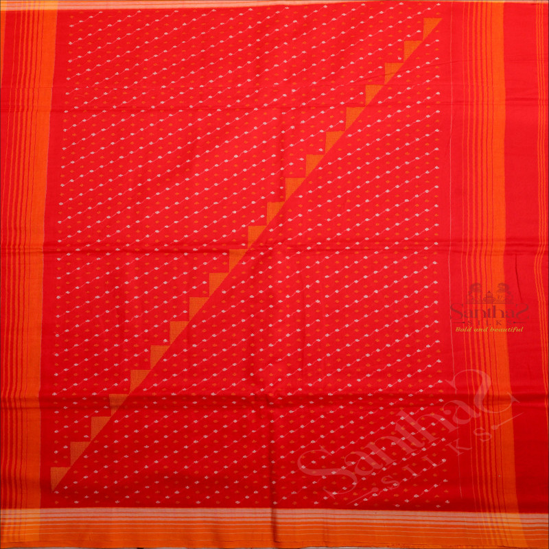 BLOOD RED COLOUR COTTON SAREE BODY WITH STRIPS AND SELF COLOUR PALLU WITH WHITE THREAD BUTTAS & BLOUSE