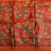 PEACH ORANGE COLOUR TUSSAR SAREE WITH CUT WORK AND KALAMKARI PRINT WITH CONTRAST BLOUSE