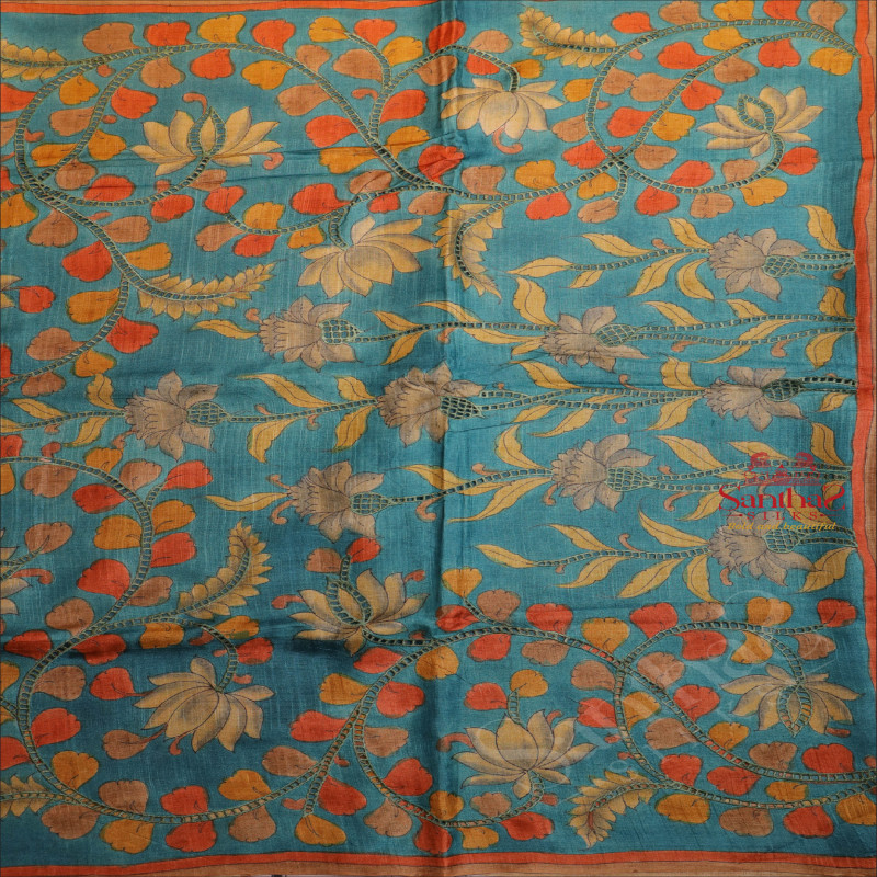 BLUE COLOUR TUSSAR SAREE WITH KALAMKARI PRINT WITH CONTRAST FLORAL PRINT BLOUSE