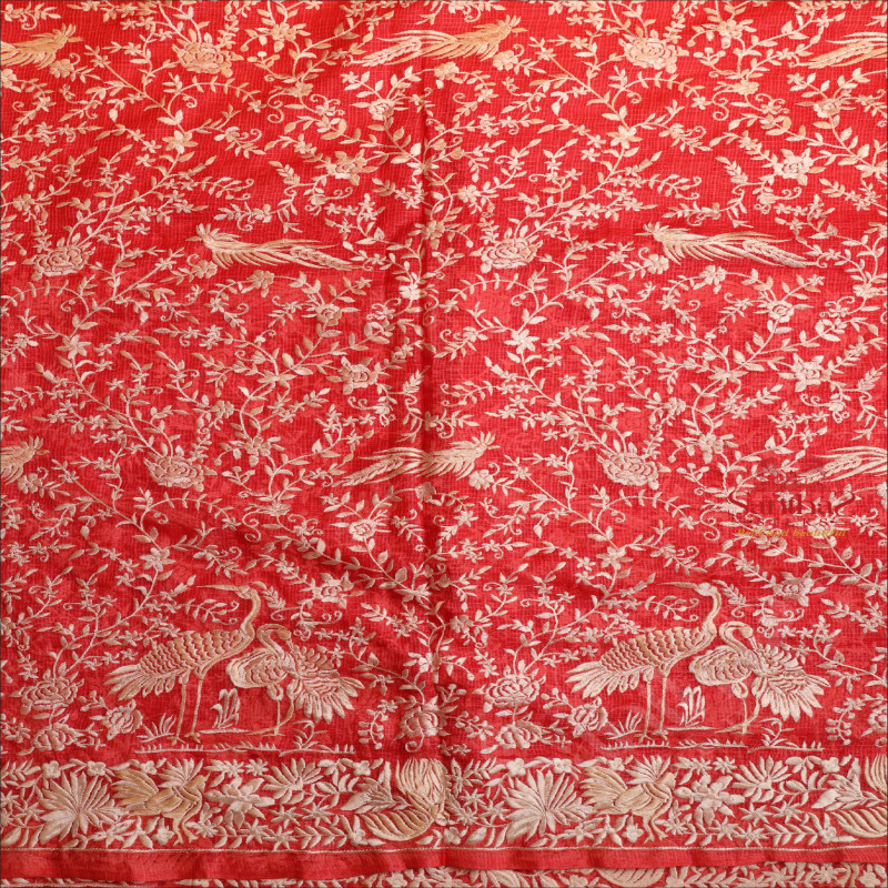 TOMATO RED COLOUR KOTTA TASSAR WORK SAREE WITH CHIKANKARI WORK AND SELF COLOUR PALLU WITH CHIKANKARI WORK & BLOUSE