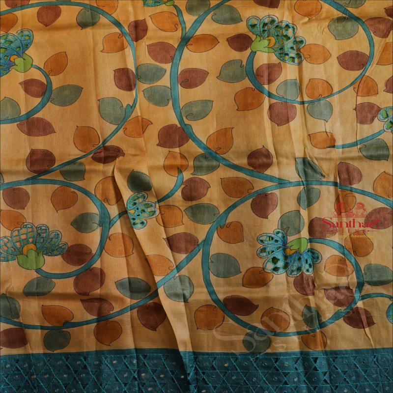 BLUE COLOUR TUSSAR SAREE WITH CUT WORK AND KALAMKARI PRINT WITH CONTRAST PRINTED BLOUSE