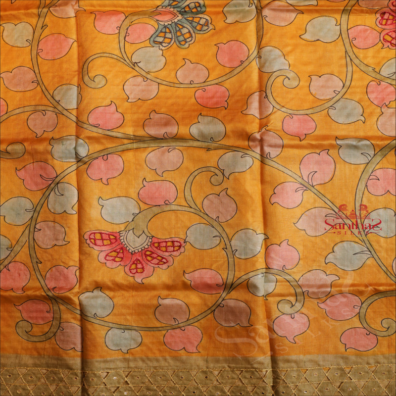 JADE GREEN COLOUR TUSSAR SAREE WITH CUT WORK AND KALAMKARI PRINT WITH CONTRAST BLOUSE