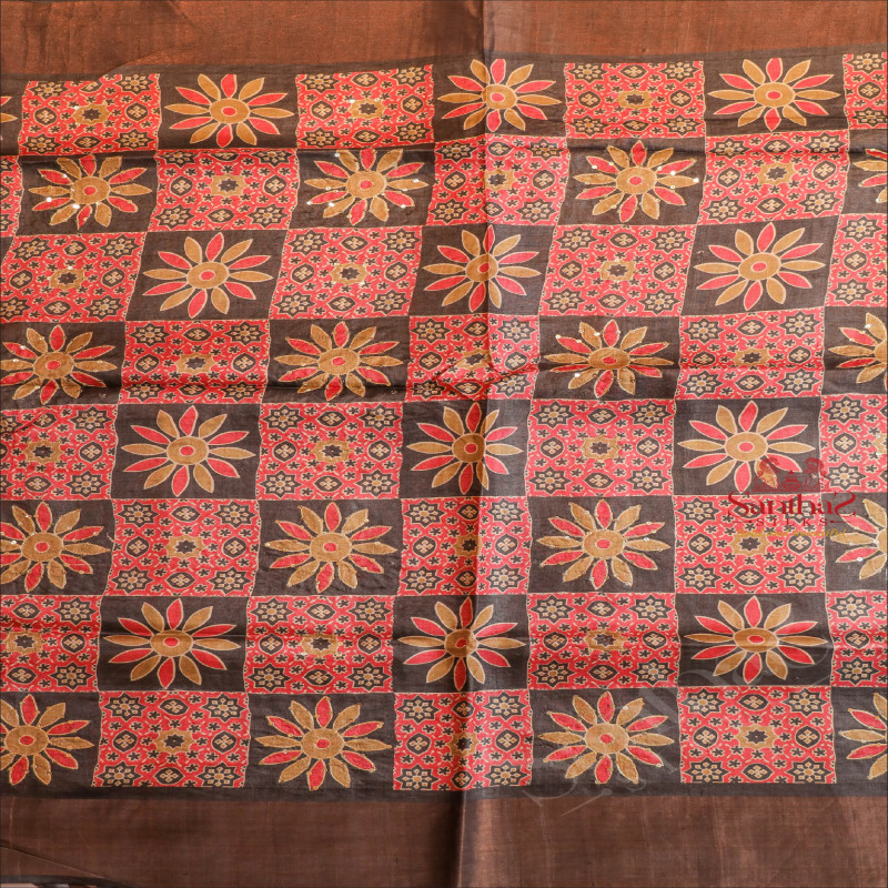 BLACK COLOUR TUSSAR SAREE BODY WITH MULTI COLOUR DIGITAL PRINT DESIGNS AND CONTRAST DIGITAL PRINT PALLU & BLOUSE