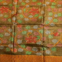 MUSTARD YELLOW COLOUR TUSSAR SAREE WITH KALAMKARI PRINT WITH CONTRAST BLOUSE