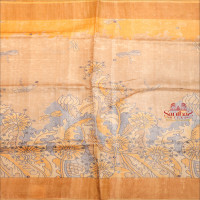 METALIC GOLD COLOUR TUSSAR SAREE BODY WITH DIGITAL PRINT DESIGN AND CONTRAST PALLU WITH CUT WORK & BLOUSE