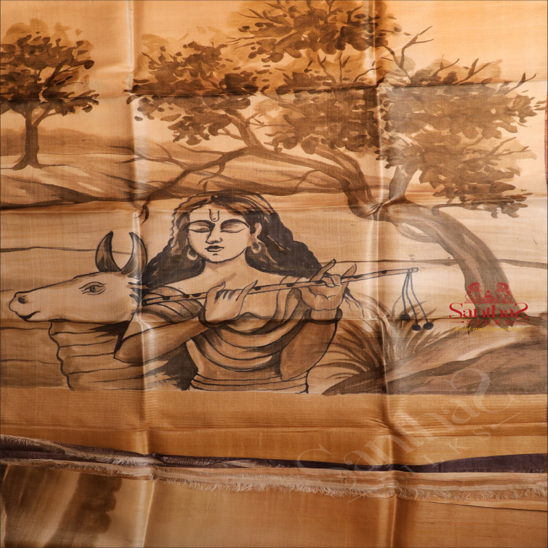 METALIC GOLD COLOUR TUSSAR SAREE BODY WITH DIGITAL PRINT DESIGN & KALAMKARI PRINT ANDSELF PALLU & BLOUSE