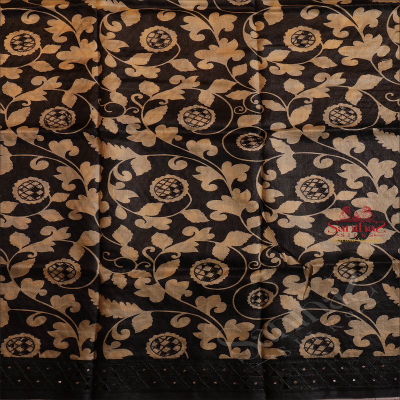BLACK COLOUR TUSSAR SAREE WITH KALAMKARI PRINT WITH SELF BLOUSE