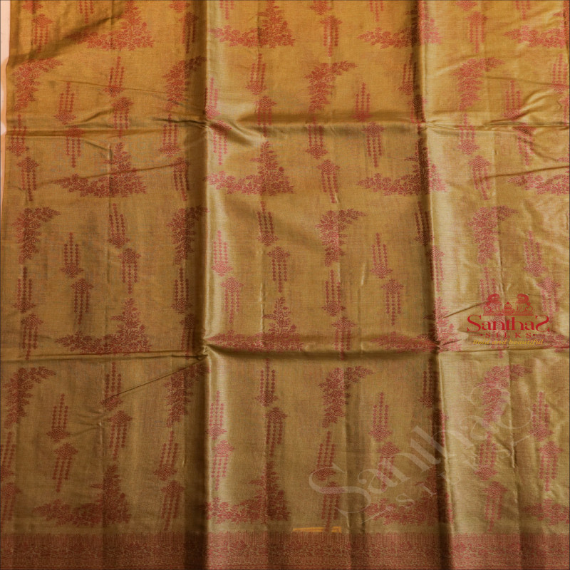 OLIVE GREEN COLOUR TUSSAR SAREE WITH MEGENTA COLOUR THREAD MOTIFS AND SELF COLOUR PALLU & BLOUSE