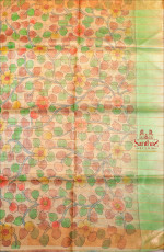 PISTACHIO GREEN COLOUR TUSSAR CHECKED SAREE WITH HAND PAINT WITH PAINTED BLOUSE