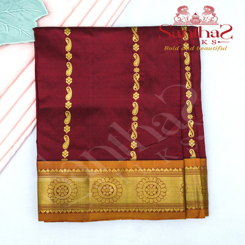 WINE MAROON BODY IN ZARI BUTTA WITH CONTRAST BLOUSE & BORDER