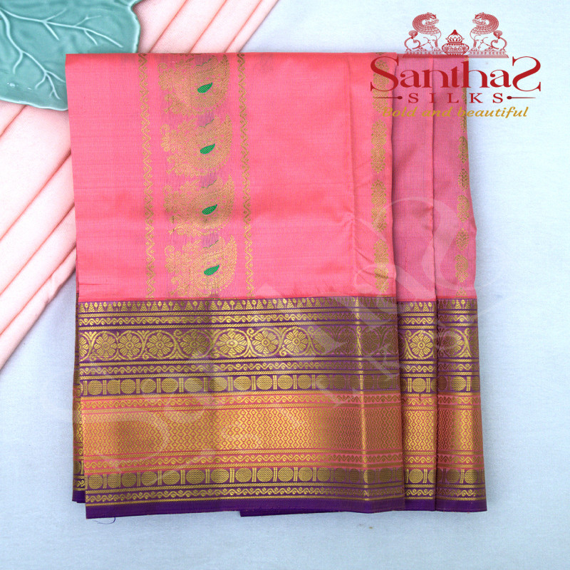 PEACH COLOUR BODY IN ZARI BUTTA WITH CONTRAST BLOUSE & BORDER