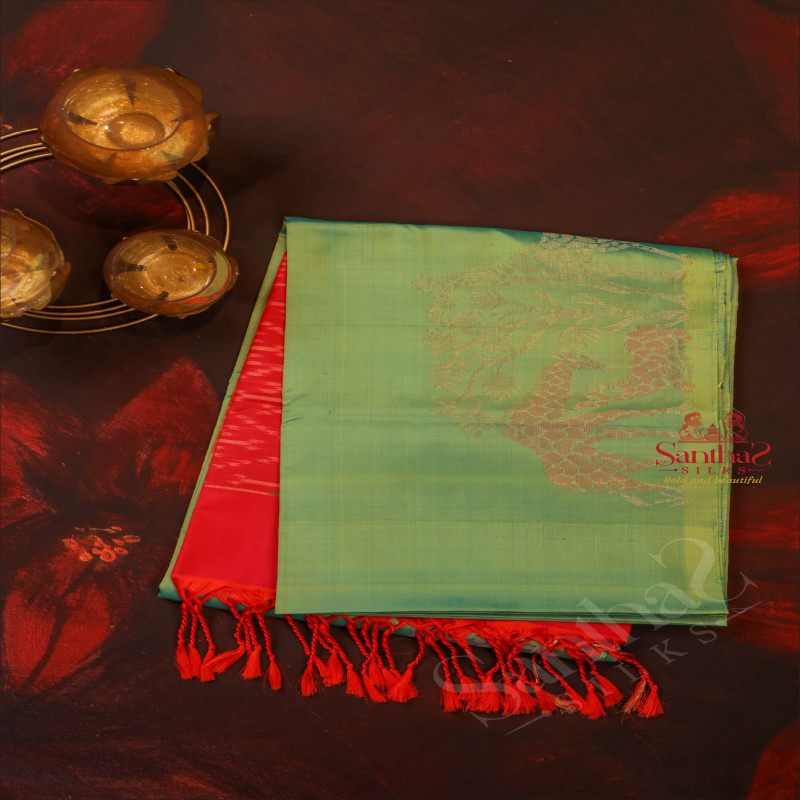 BRIGHT YELLOW GREEN COLOUR BODY WITH GOLDEN ZARI GIRAFEE BUTTA WITH CONTRAST BLOUSE & BORDER