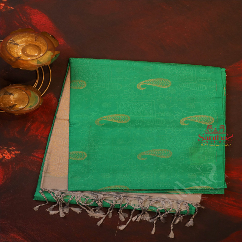 EMERALD GREEN COLOUR BODY WITH GOLDEN ZARI MANGO MOTIFS AND CONTRAST COLOUR PALLU & BLOUSE