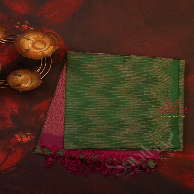 FOREST GREEN COLOUR BODY WITH GOLDEN ZARI FANCY BUTTA AND CONTRAST COLOUR PALLU & BLOUSE