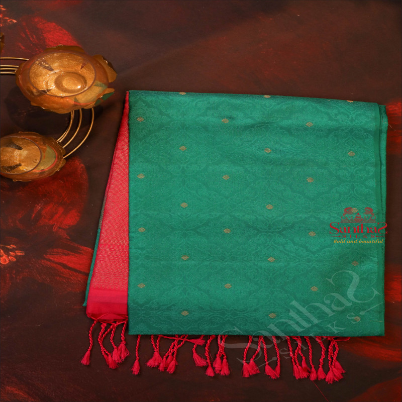 GREEN COLOUR BODY WITH GOLDEN ZARI BUTTA AND CONTRAST COLOUR PALLU & BLOUSE