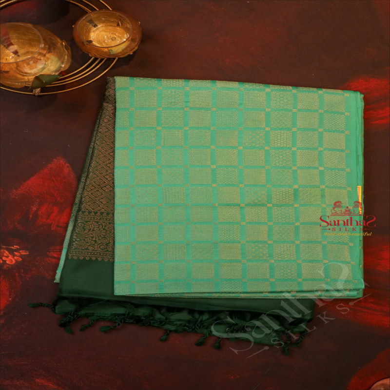 MINT GREEN COLOUR BODY WITH GOLDEN ZARI FANCY BUTTA WITH CONTRAST BLOUSE & BORDER