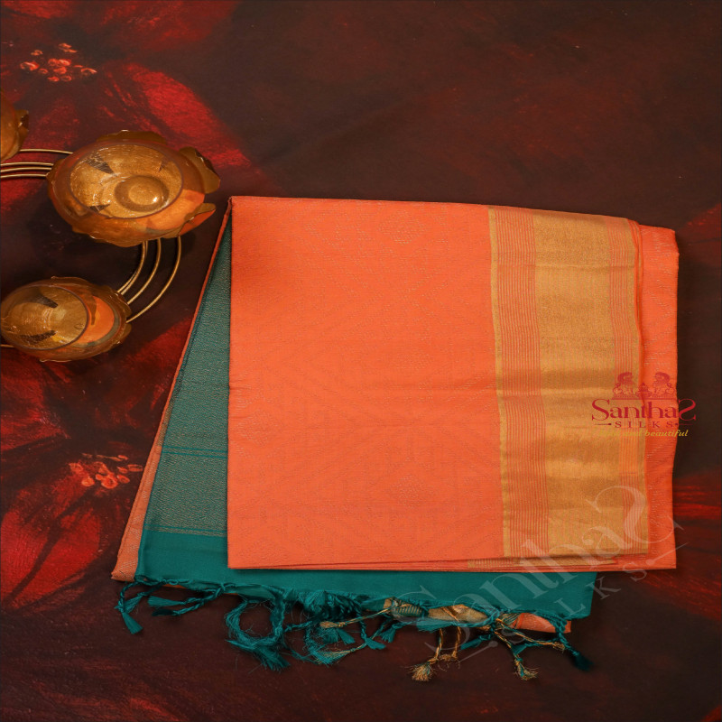 HONEY PEACH COLOUR BODY WITH GOLDEN ZARI FANCY BUTTA AND CONTRAST COLOUR PALLU & BLOUSE