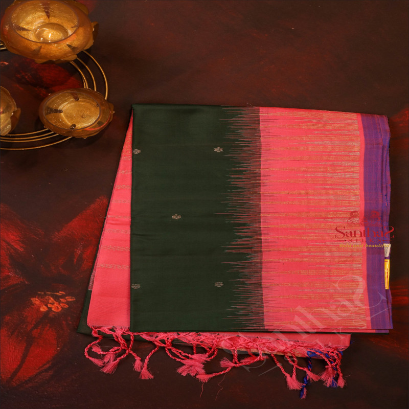 BOTTLE GREEN COLOUR BODY WITH SILVER ZARI FLORAL BUTTA WITH CONTRAST BLOUSE & BORDER