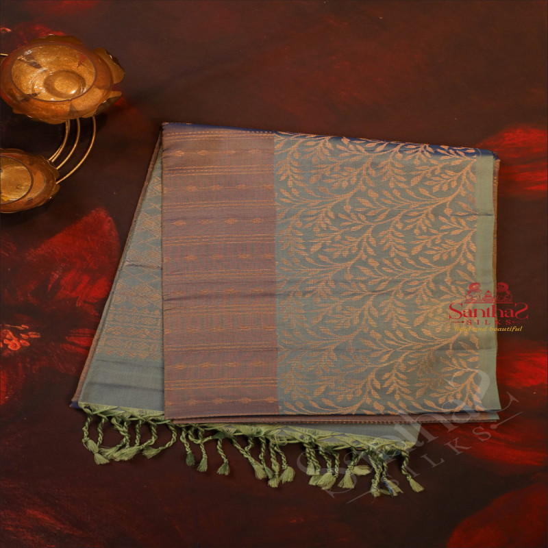 BLUE & GREY MIXED COLOUR BODY WITH GOLDEN ZARI FANCY BUTTA AND CONTRAST COLOUR PALLU & BLOUSE