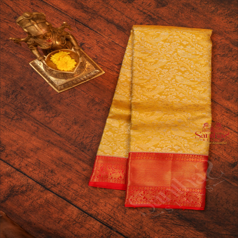 GOLDEN YELLOW COLOUR BODY WITH GOLD & SILVER ZARI FANCY BUTTAS AND CONTRAST COLOUR PALLU & BLOUSE
