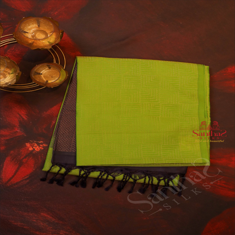 MEENAKSHI GREEN COLOUR BODY WITH GOLDEN STRIPS WITH CONTRAST BLOUSE & BORDER