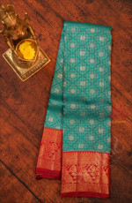 BLUE GREEN COLOUR BODY WITH SILVER & GOLDEN ZARI ANNAM MOTIFS AND CONTRAST PALLU & BLOUSE