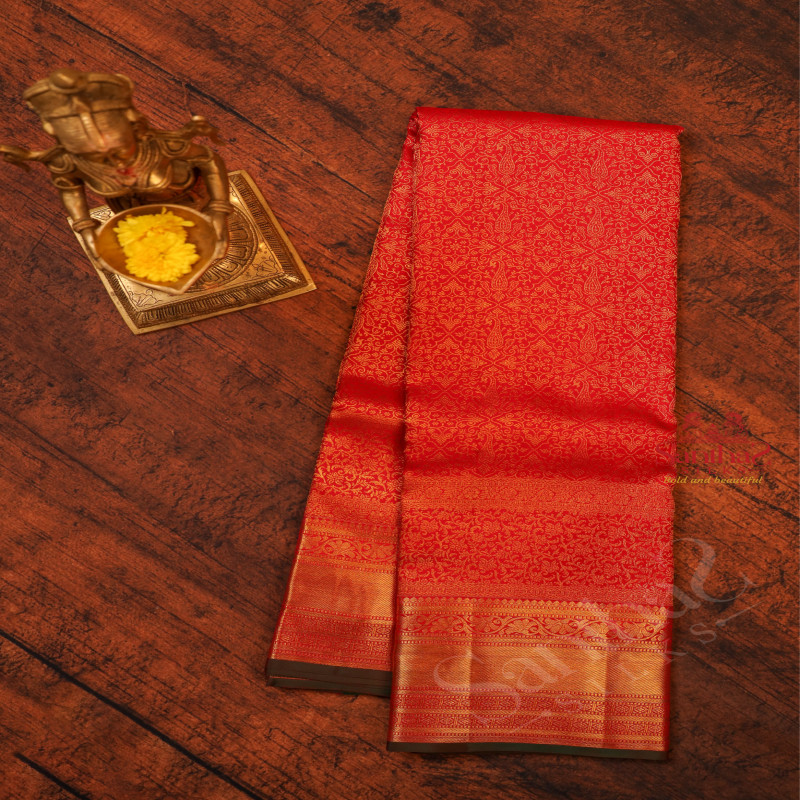 CHERRY RED COLOUR BODY WITH GOLDEN ZARI FANCY BUTTAS AND CONTRAST PALLU & BLOUSE