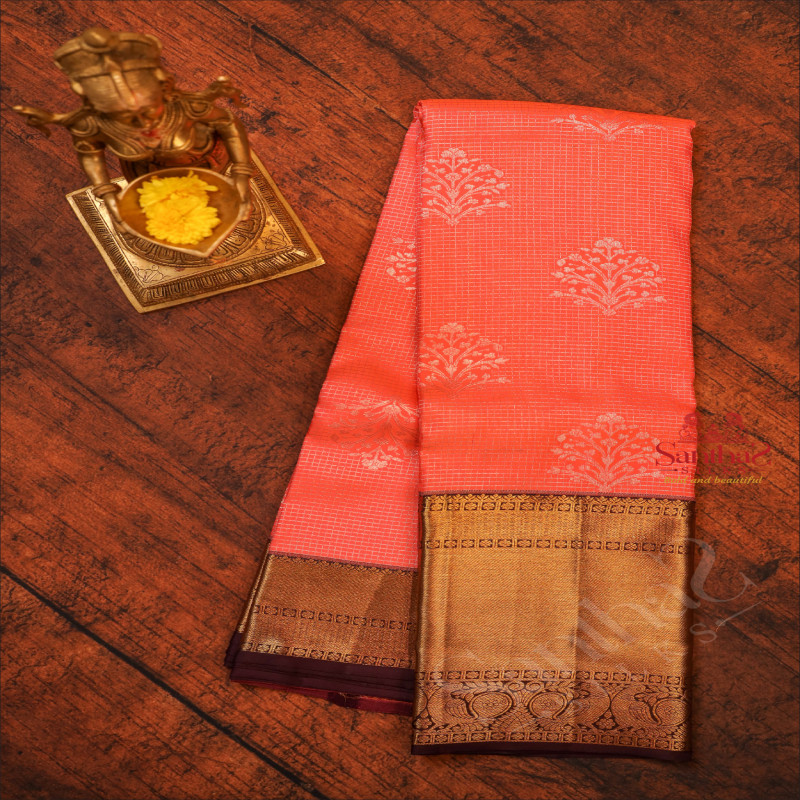 DARK PEACH COLOUR BODY WITH GOLDEN & SILVER ZARI MOTIFS AND CONTRAST PALLU & BLOUSE