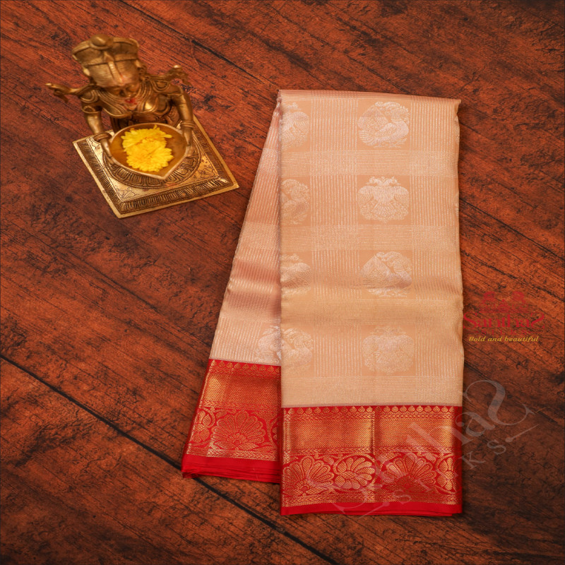 PASTEL SKIN COLOUR BODY WITH GOLDEN & SILVER ZARI MOTIFS AND CONTRAST COLOUR PALLU & BLOUSE