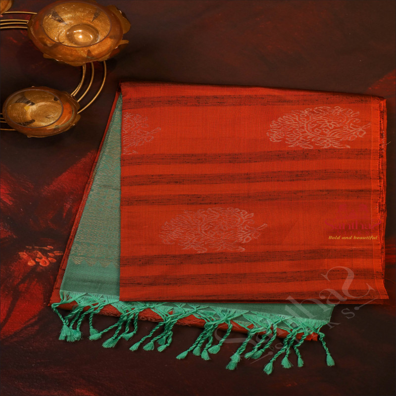 DARK HONEY COLOUR BODY WITH GOLDEN ZARI FLORAL EMBOSED WITH CONTRAST BLOUSE & BORDER