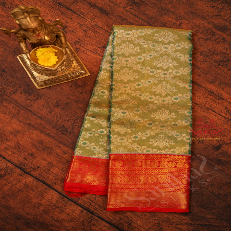 GREEN AND GOLD COLOUR MIXED BODY WITH SILVER & GOLDEN ZARI FANCY BUTTAS AND CONTRAST PALLU & BLOUSE