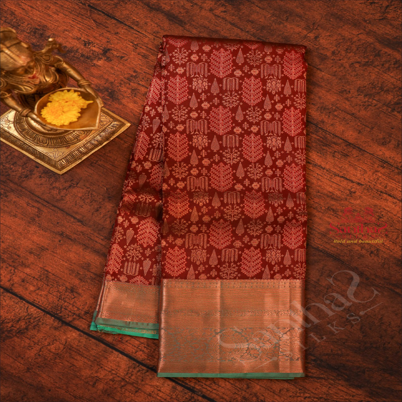 MAROON COLOUR BODY WITH GOLDEN ZARI MOTIF WITH CONTRAST BLOUSE & BORDER