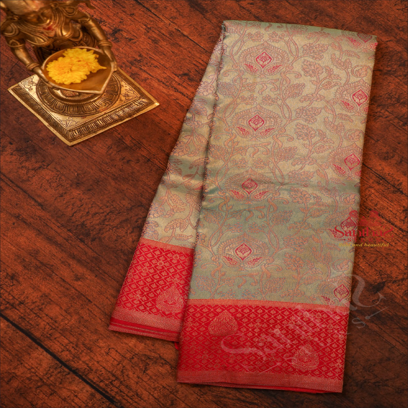 PASTEL BLUE COLOUR BODY WITH JACQUARD EMBOSED PATTERN WITH CONTRAST BLOUSE & BORDER