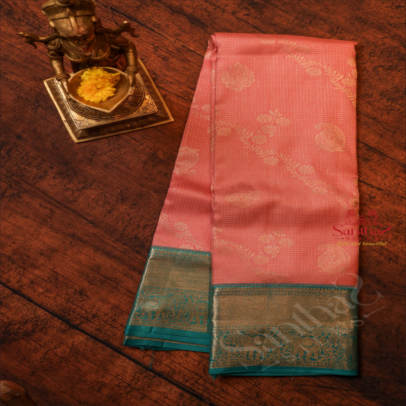 BABY PINK COLOUR CHECKED BODY WITH GOLDEN ZARI MANGO BUTTA WITH CONTRAST BLOUSE & BORDER