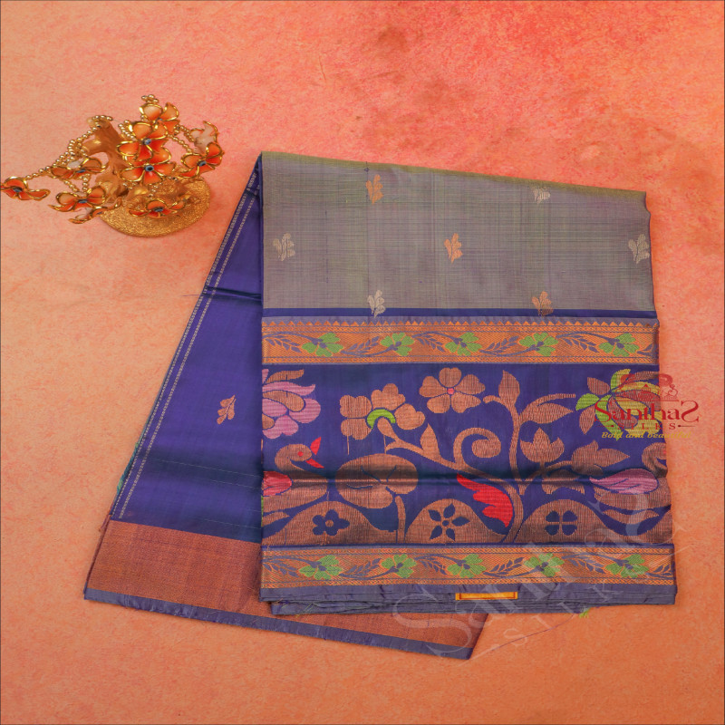 DUAL SHADE BLUE COLOUR BODY WITH GOLDEN ZARI LEAF BUTTA WITH CONTRAST BLOUSE & BORDER