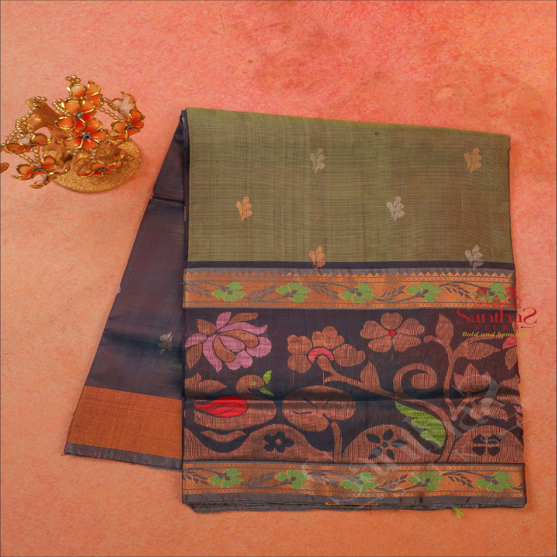 LIGHT GREEN COLOUR BODY WITH GOLDEN ZARI LEAF BUTTA WITH CONTRAST BLOUSE & BORDER