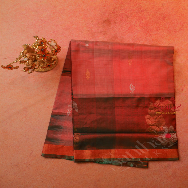 PASTEL PEACH COLOUR BODY WITH GOLDEN AND SILVER ZARI LEAF BUTTA WITH CONTRAST BLOUSE & PALLU