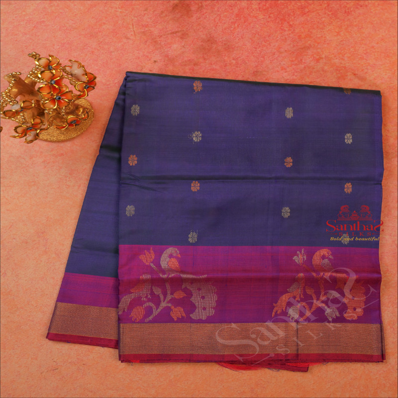 DARK VIOLET COLOUR BODY WITH GOLDEN AND COPPER ZARI BUTTA WITH CONTRAST BLOUSE & BORDER