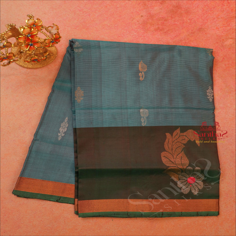 DUAL SHADE BLUE COLOUR BODY WITH GOLDEN ZARI BUTTA WITH CONTRAST BLOUSE & BORDER